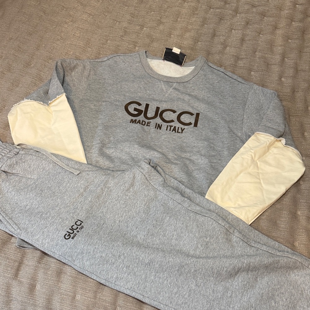 Grey Sweatshirt & Cream-Panel Sleeve Jogger Set
